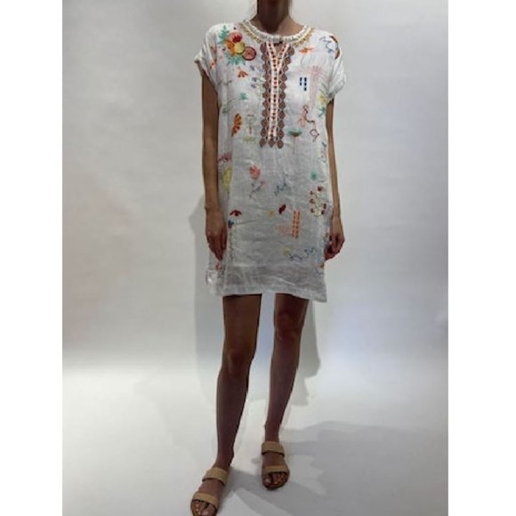 Johnny Was Lemona Dress Floral Embroidery Linen Natural Button Front White NEW - Picture 4 of 10